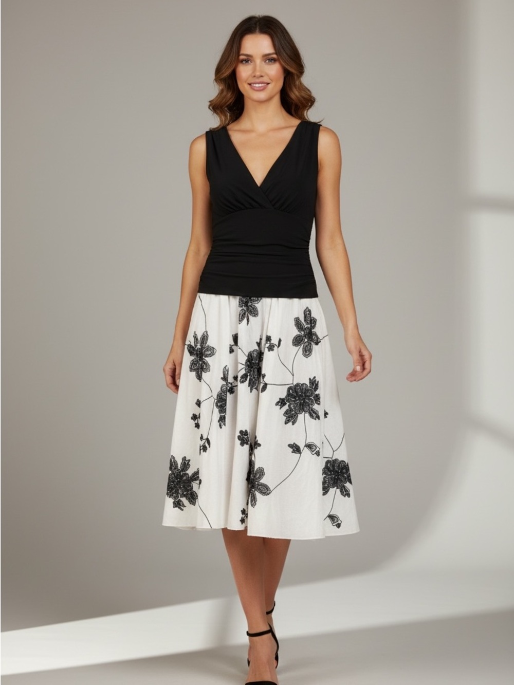 Dressbarn Fit & Flare Ruched Sleeveless Midi Dress Embroidered Skirt Dressy NWT